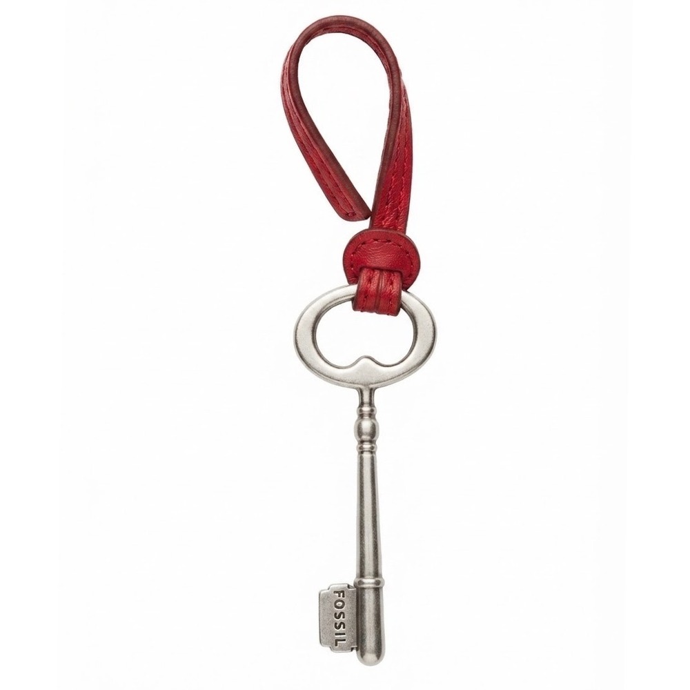 Fossil Red Leather Silver Tone Skeleton Key Bag Charm Keychain Fob Accessory